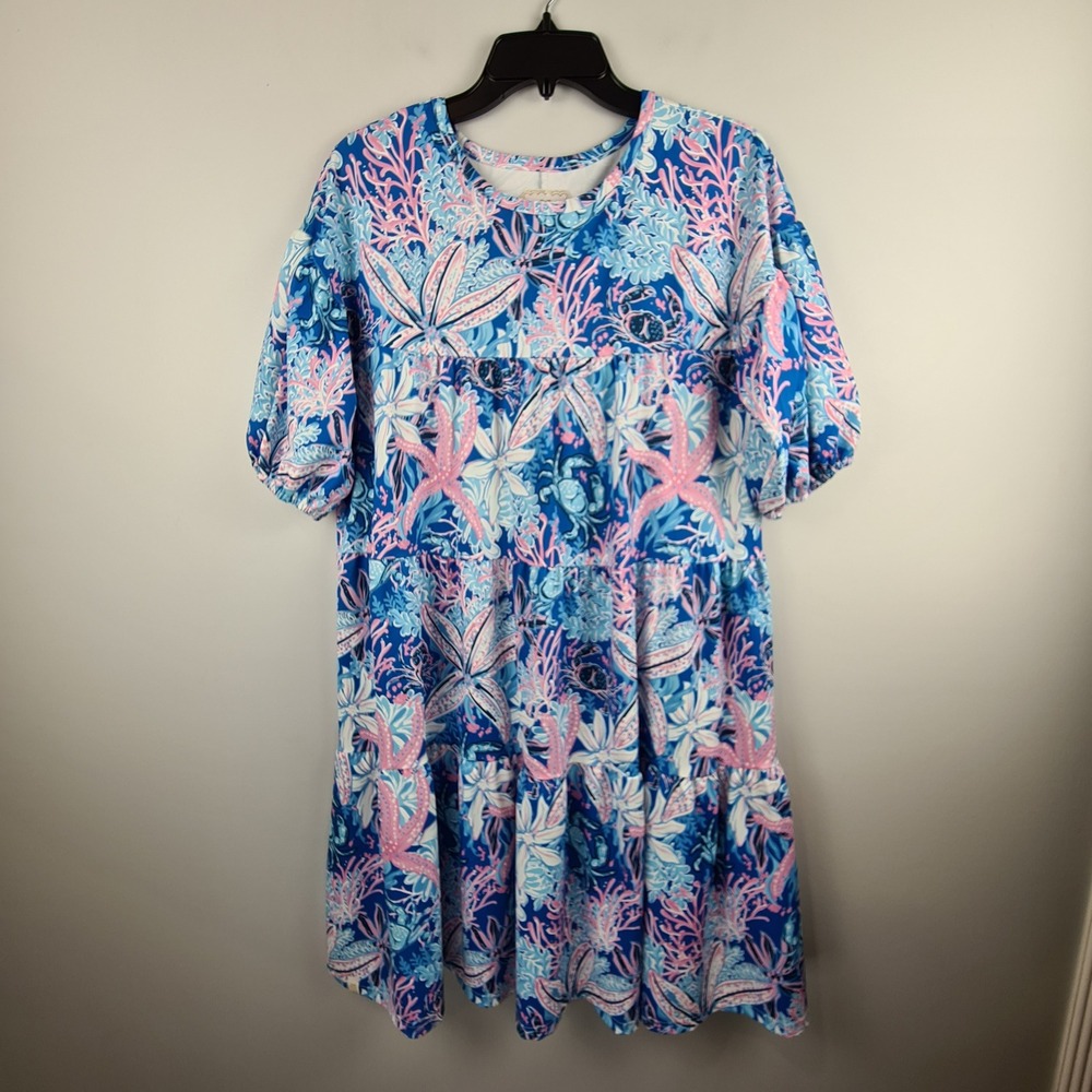 Simply Southern Blue‎ Pink Coastal Starfish Crab Tiered Babydoll Dress Womens M